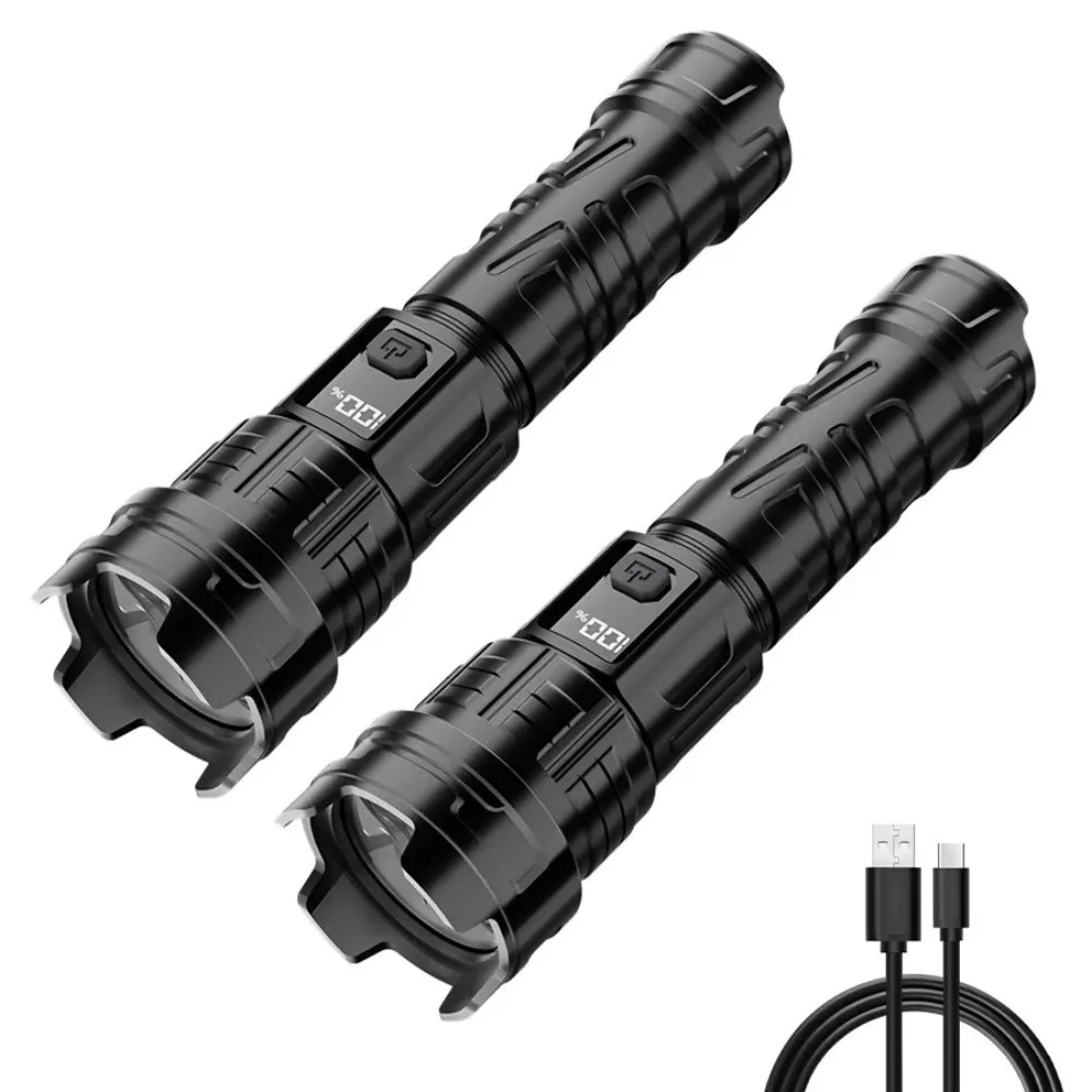 Rechargeable Super Bright LED Flashlight Portable Telescopic Sliding Zoom Outdoor Strong Light Flashlight Digital Display