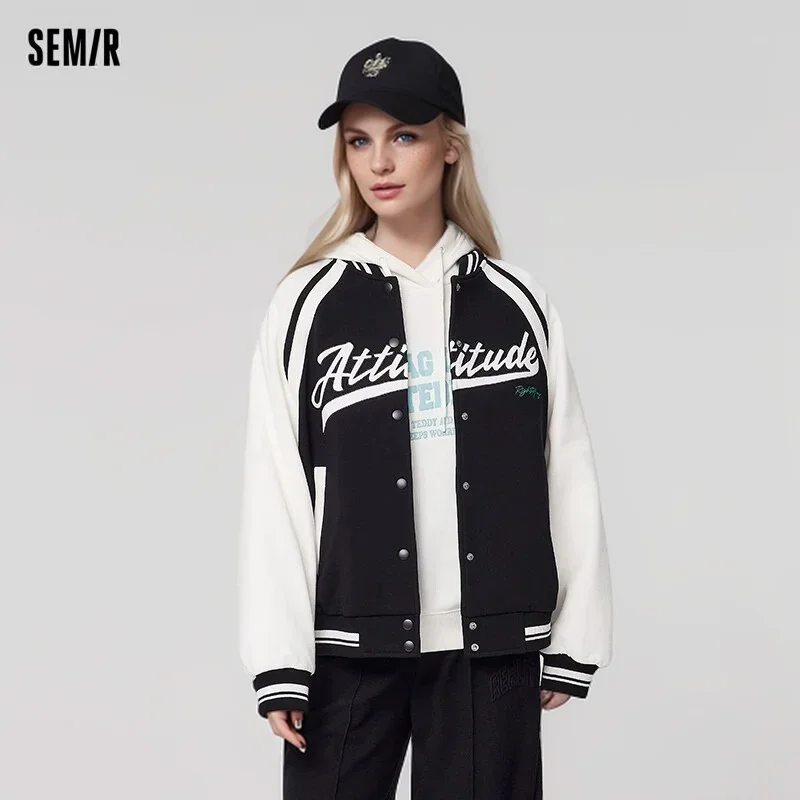 Semir 2024 Jacket Women Raglan Sleeves Color-Blocked Baseball Uniform Spring Letter Embroidered Oversize Jacket Coats Women