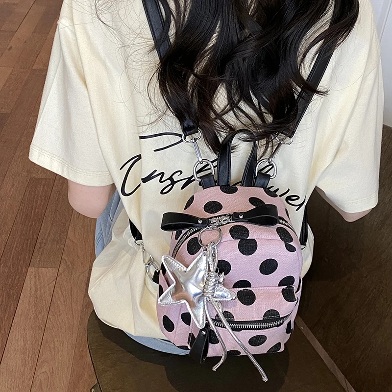 Y2K Kawaii Beige Black Polka Dot Mini Backpack Canvas Small Rucksack With Silver Star Pendant Girls Trendy  School Shoulder Bag - view 3