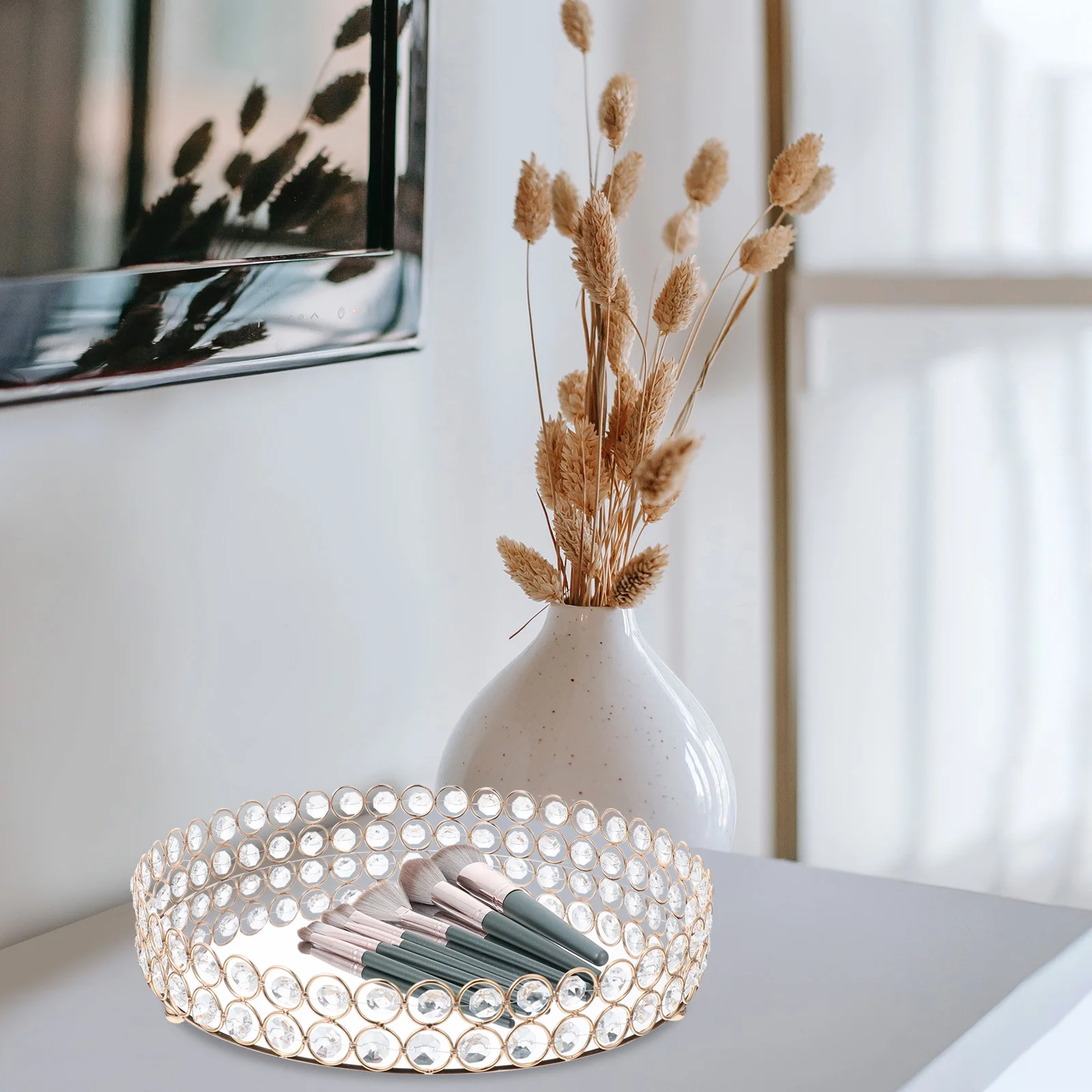 1Pcs Makeup Storage Tray Elegant Round Jewelry Organizer Mirror Surface Home Dressing Table Sundries Holder Fashion Display