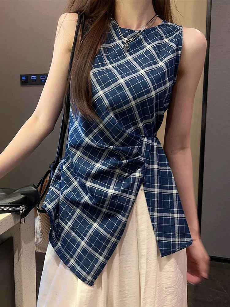 

Zoki винтажные клетчатые майки с разрезом женские повседневные корейские майки без рукавов с круглым вырезом в стиле ретро летние простые дизайнерские женские элегантные топы новые