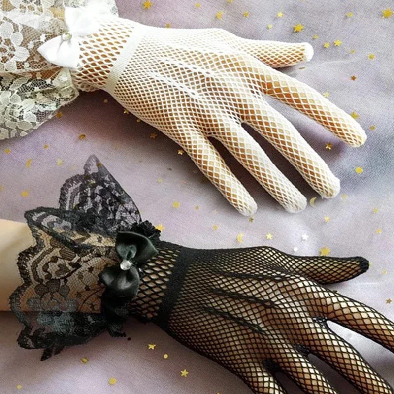 Japanese Soft Girl Black White Lace Gloves Girl gothic Lolita Mesh Bow Flower Lace Gloves Sweet Wristband Maid Cosplay Jewelry