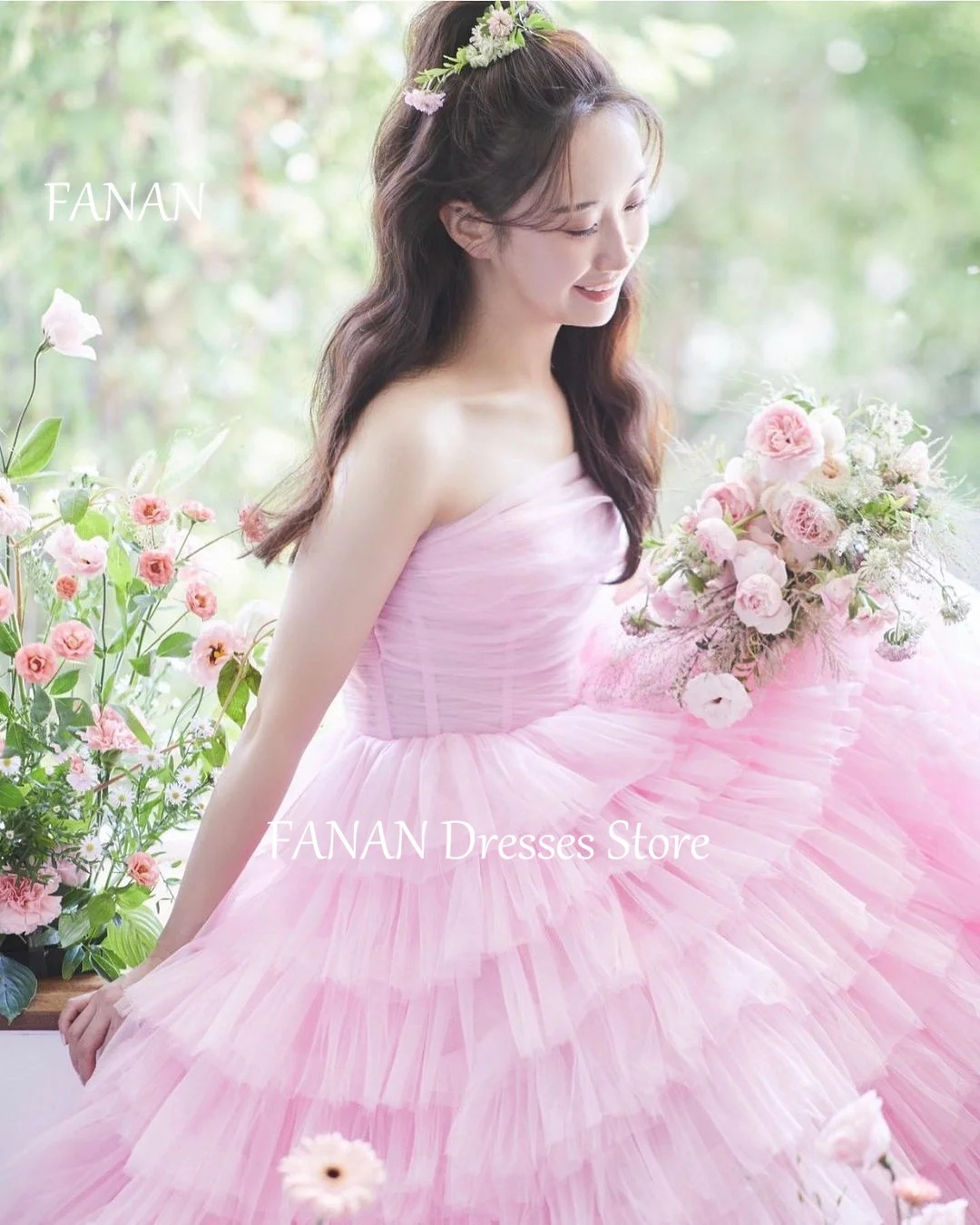 

FANAN Strapless Evening Party Dresses Korea Pink Princess Tulle Corset Fairy Wedding Women Formal Gowns Event Prom Gowns