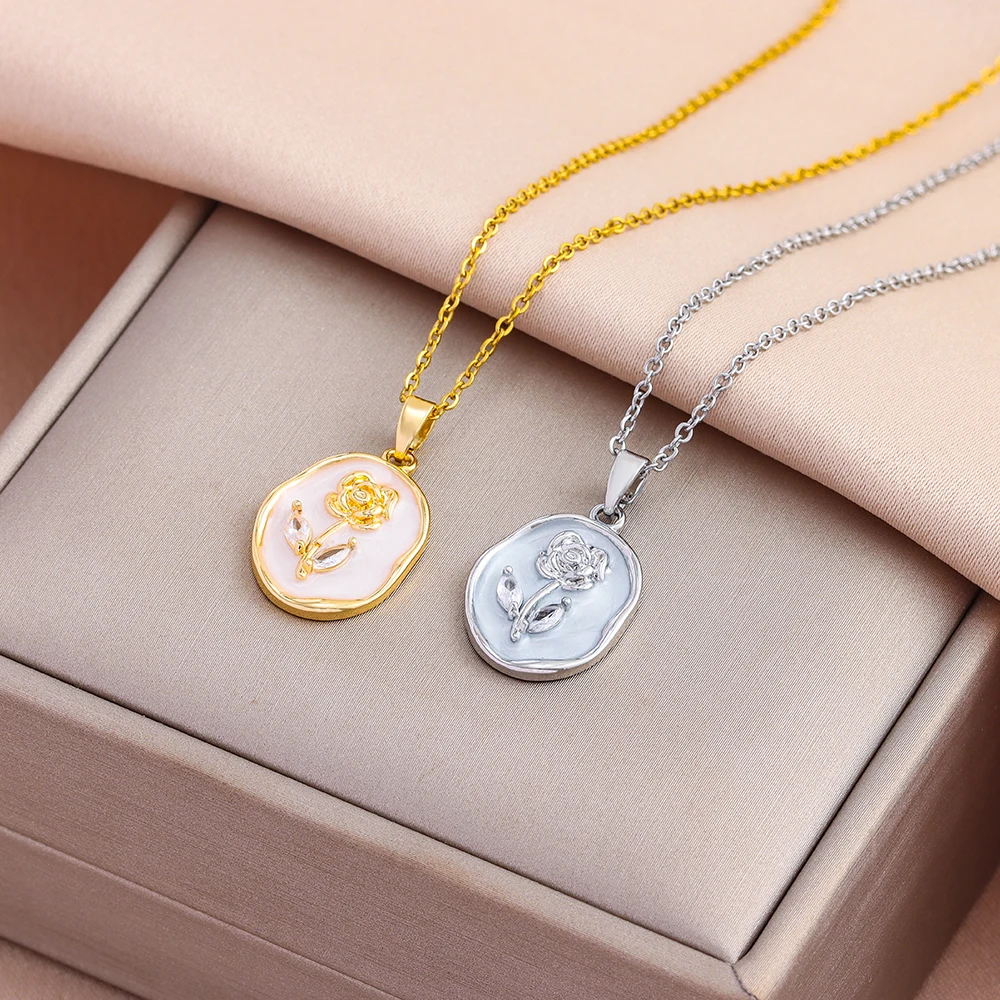 Top Luxury 18K Gold Plated Elegant Retro Oval Rose Pendant Necklaces For Women Female Stainless Steel Neck Chain Jewelry Gift