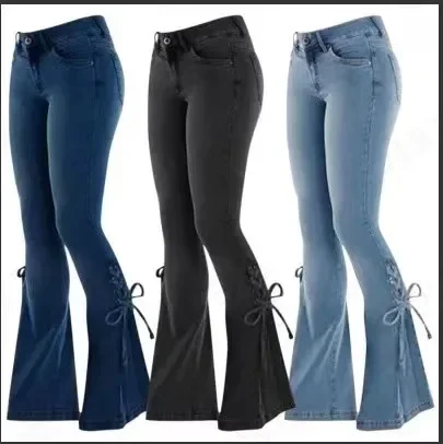 Flare Pants for Women Vintage Jeans Lace Up Stretch Mid Waist Skinny Distressed Washed 2026 Streetwear Female Denims Trousers