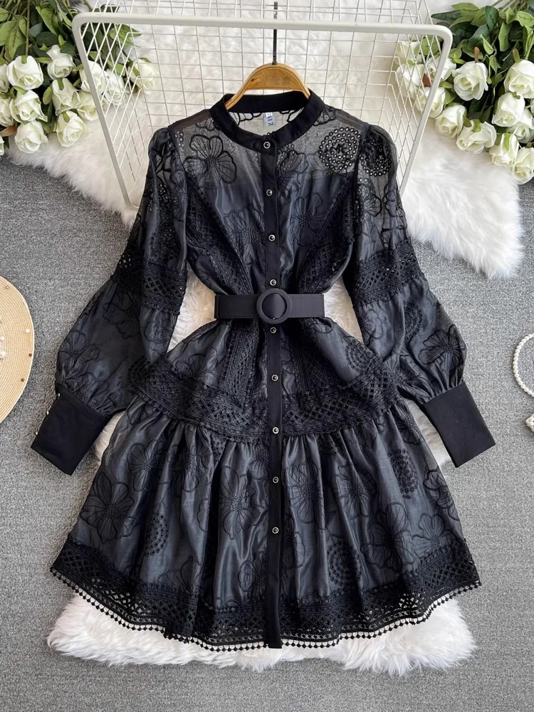 Fashion Ladies Embroidered Flower Dress Women's Stand Collar Lantern Sleeve Elegant Vintage Mesh Patchwork Mini Vestidos