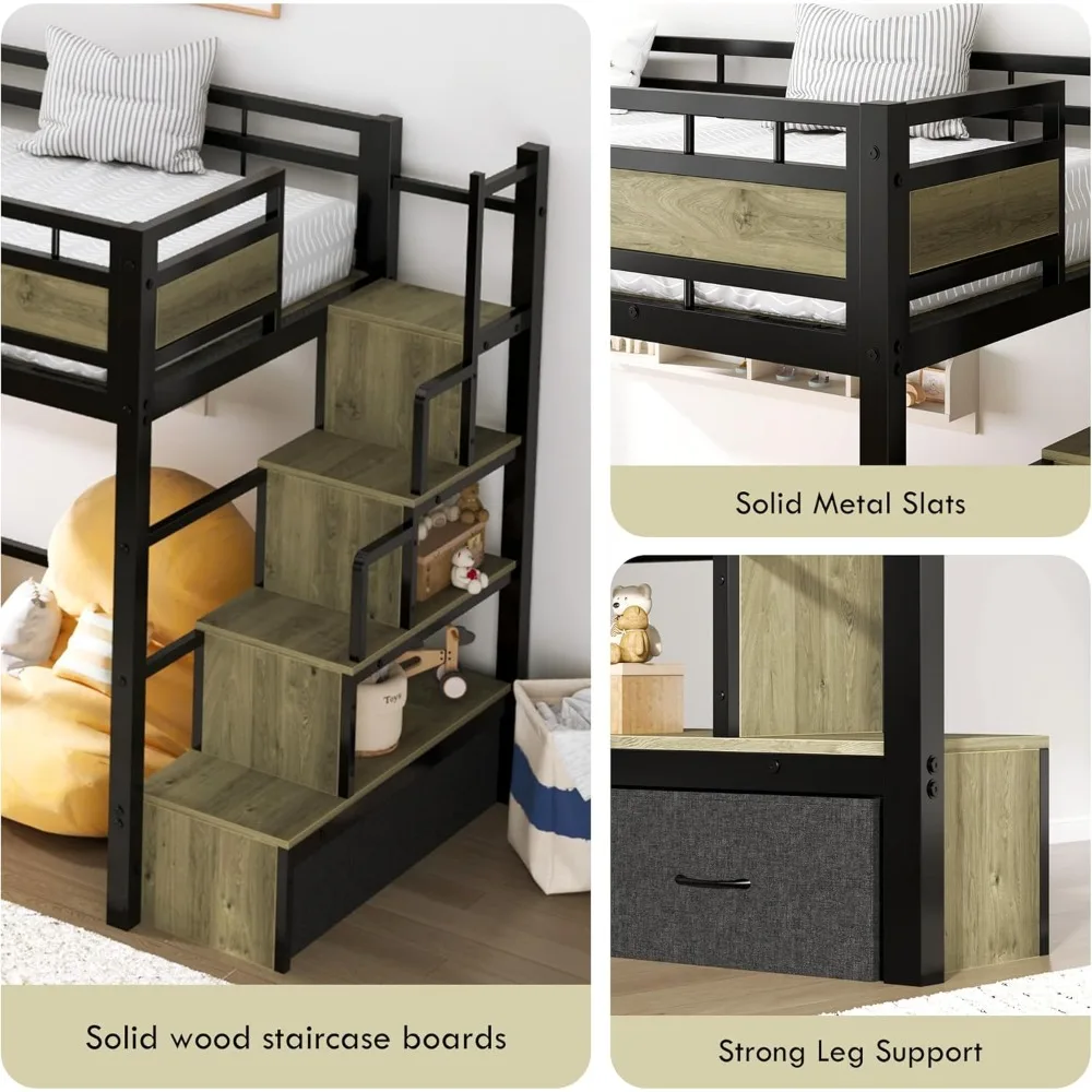 سرير علوي معدني مزدوج الحجم مع سلالم وأدراج تخزين، إطار سرير عالي التحمل موفر للمساحة للمراهقين والصغار، بدون صندوق زنبركي #6