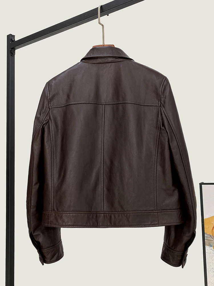 All-Match New Oil Wax Leather Short Coat 2025 Spring High Quality Genuine Real Women's Straight Lapel Sheep Jacket