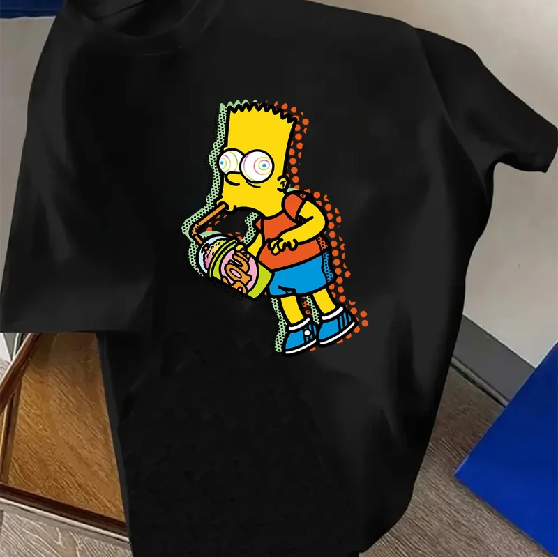 Summer Simpson Print Pattern Bart Drinking Milkshake Cartoon Character New Men's Fashionable and Trendy Short-sleeved T-shirt