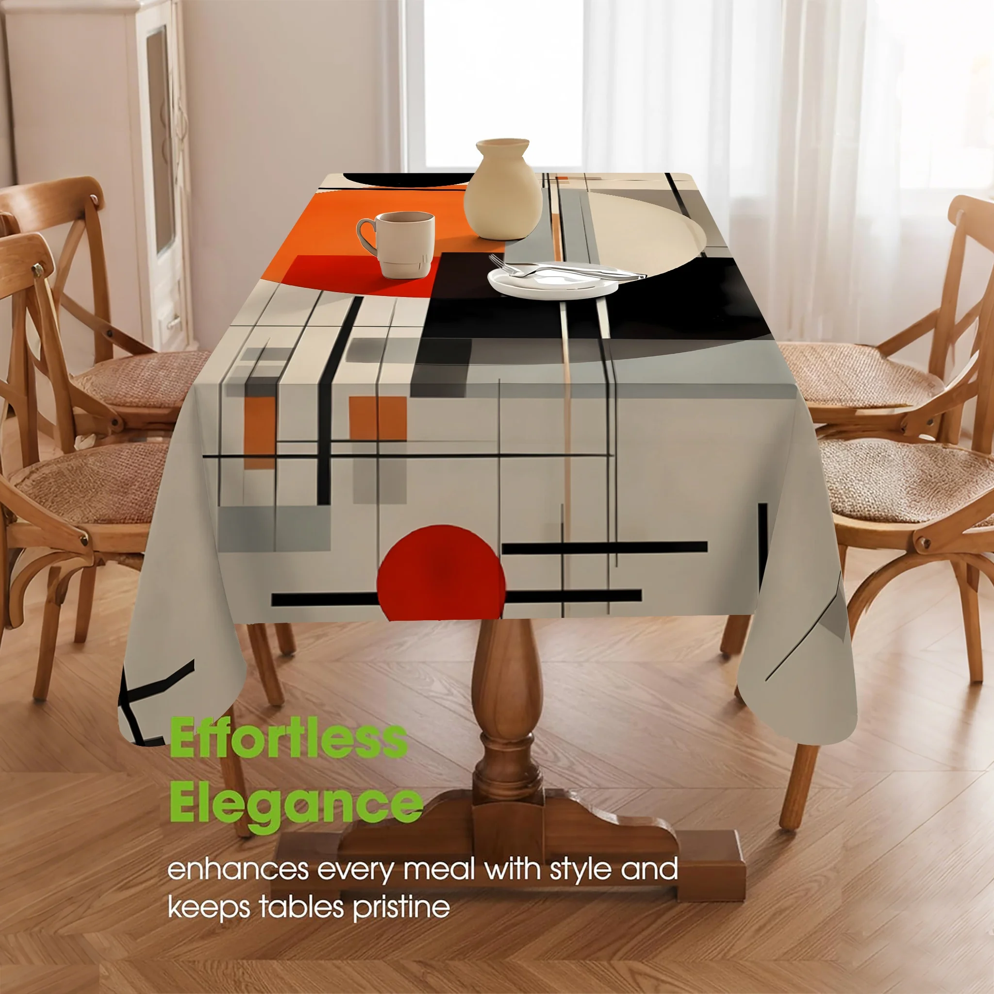 One Bauhaus/Mondrian-style orange-black contrast geometric line tablecloth with modern minimalist design. yzb