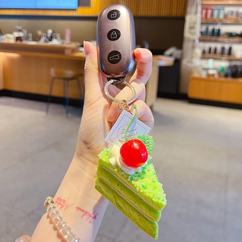 Simulation Mousse Layered Triangle Cake Keyring Soft Strawberry Chocolate Dessert Pendant Keychain Charm Bag Car Pendant Keyfob