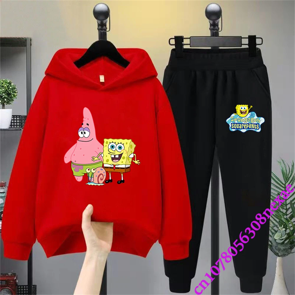 Spongebob Spring And Autumn Children\'s Clothing Boys And Girls Sweater Suit 2 Pieces Cartoon Print Sweater Sportswear Trousers