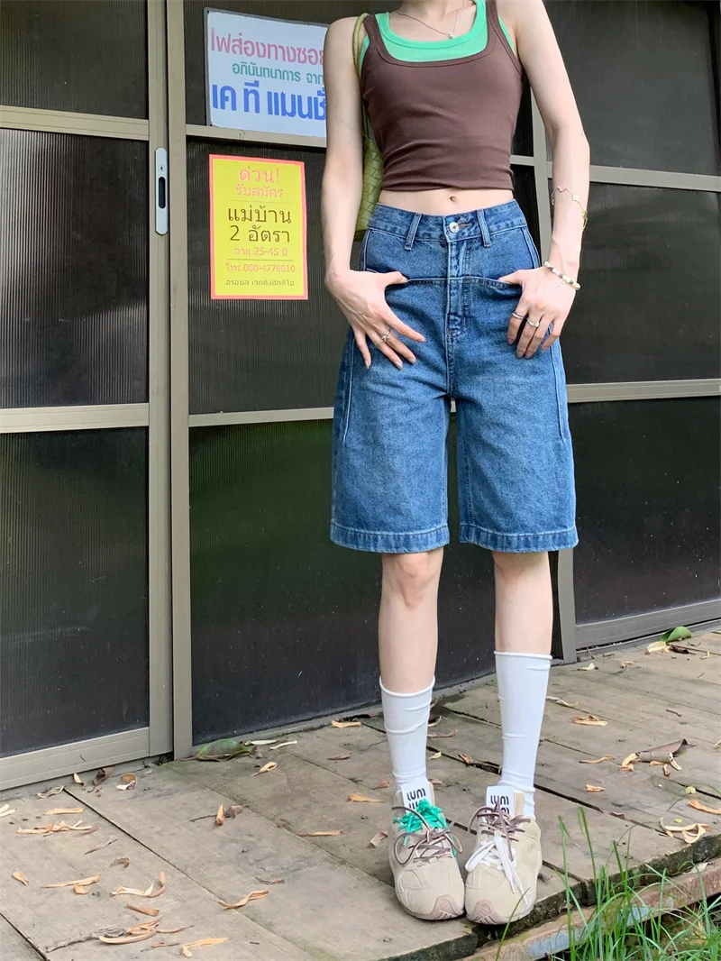 Women 2026 New Vintage Blue High Waist A Line Bermuda Denim Shorts Women Thin Design Slim Wide Leg Denim Shorts Daily Casual