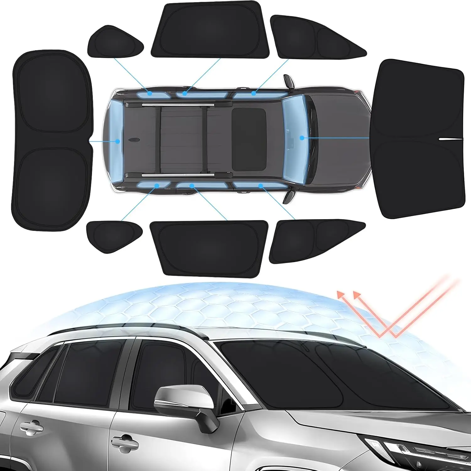 

Комплект из 8 складных солнцезащитных шторок для Toyota RAV4 2019-2025, блокирует 99% УФ-излучения и жары, сохраняет прохладу в салоне автомобиля