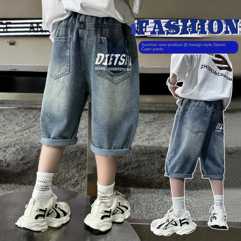 Boys' Summer New Children's Denim Shorts Suitable for Age6-14Children's Washed Loose Fashionable Simple Thin Cropped Jeans