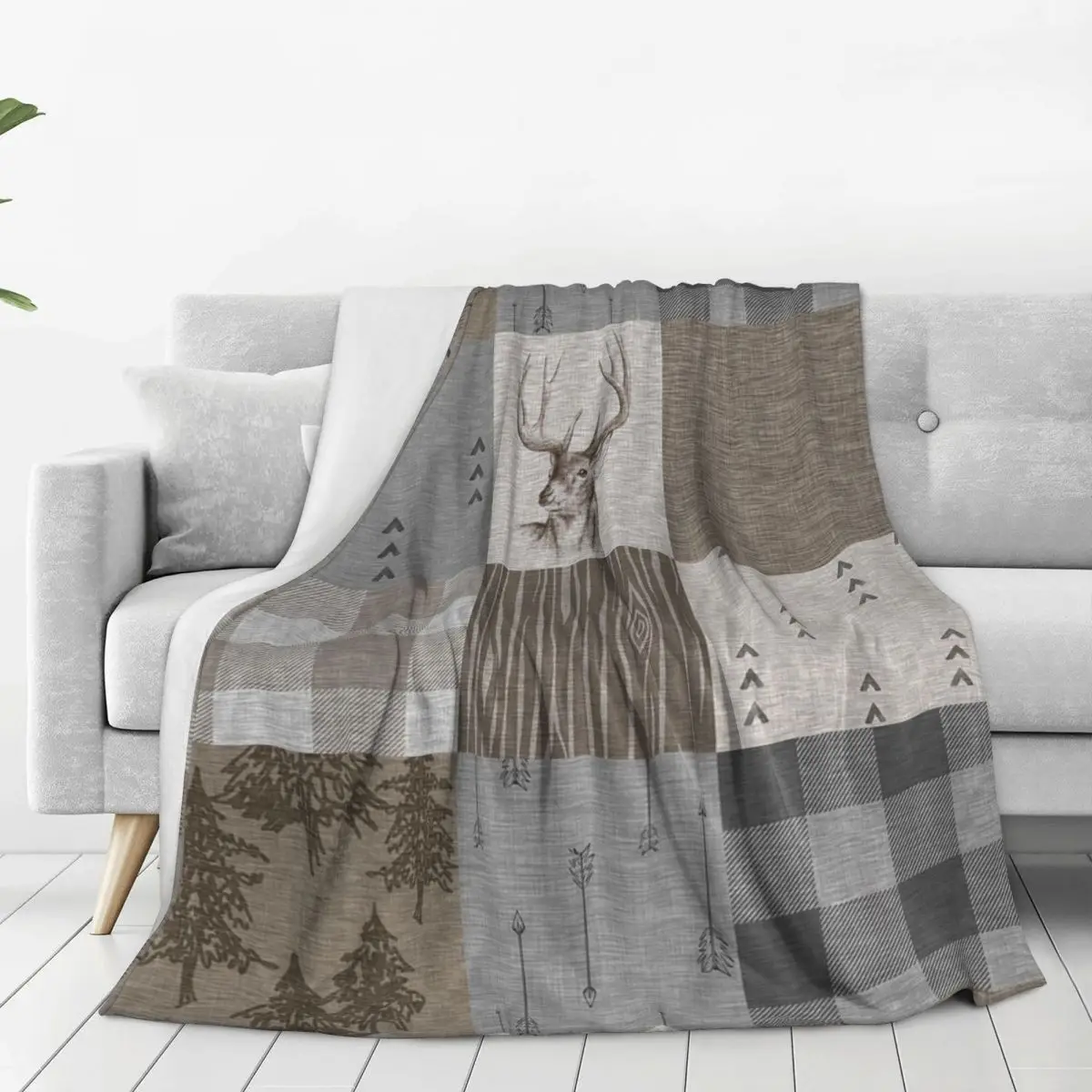 Deer Patchwork - Rustic Neutrals Blankets Flannel Portable Throw Blankets Sofa Throw Blanket For Couch Outdoor Throws Bedspread