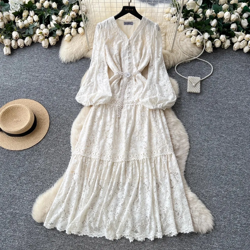 French Elegant Lace Embroidery Hollow Out Women Dress Female V-Neck Single Breasted Pearl Buttons Maxi Dress 2025 Spring Fashion