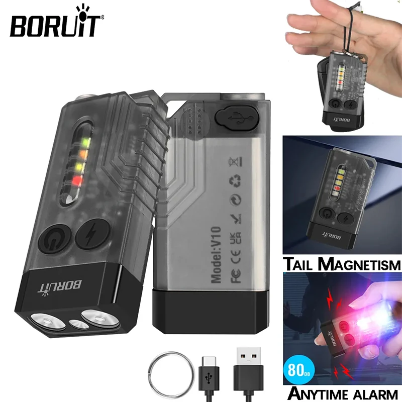 BORUiT V10 EDC светодиодный фонарик брелок супер яркий Type-C перезаряжаемая лампа для рыбалки и кемпинга УФ-свет карманный фонарь