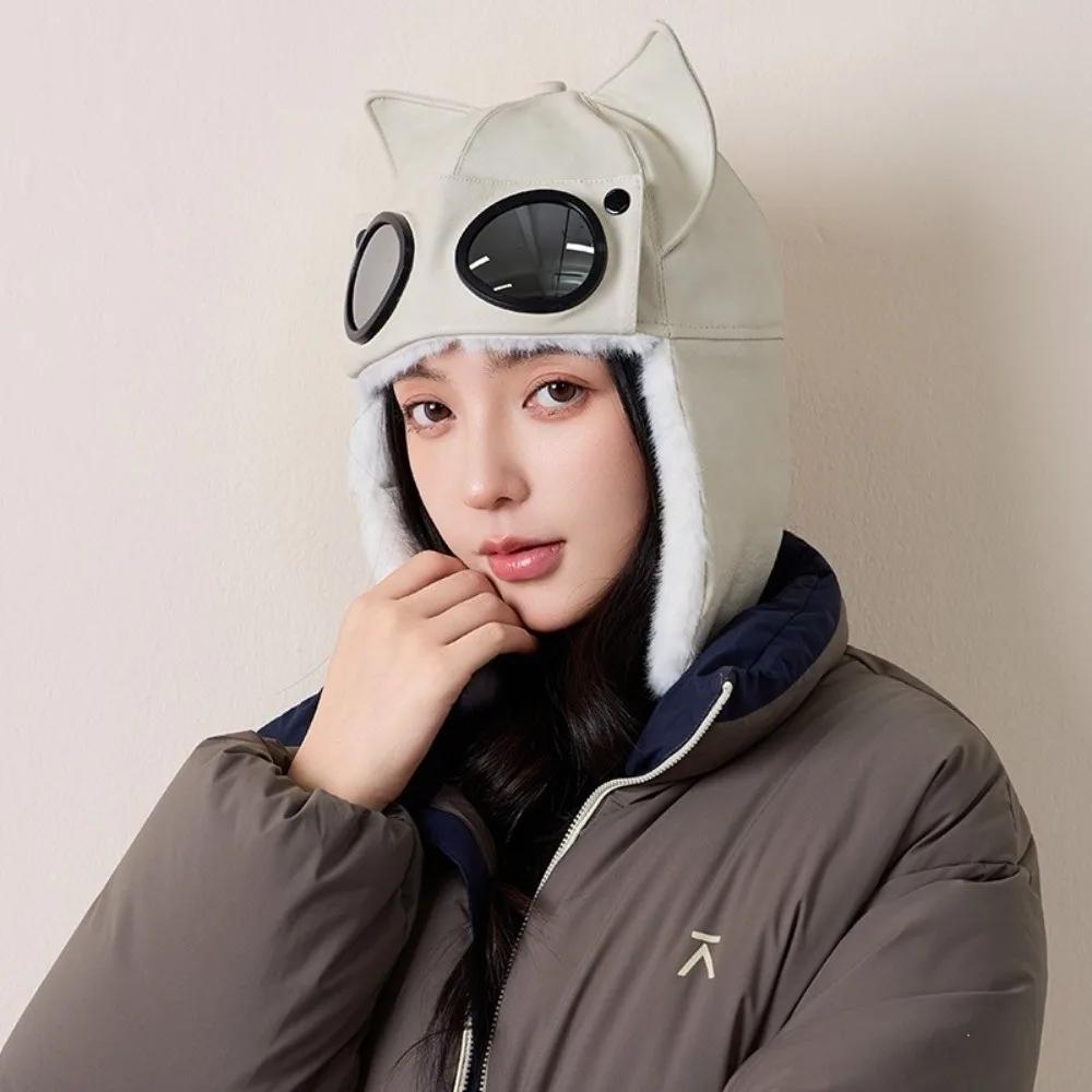 Earflap Cat Ear Trapper Hat Ear Protection Head Circumference 56-58cm Fleece Lined Winter Hat With Goggles Thick Warm Hat