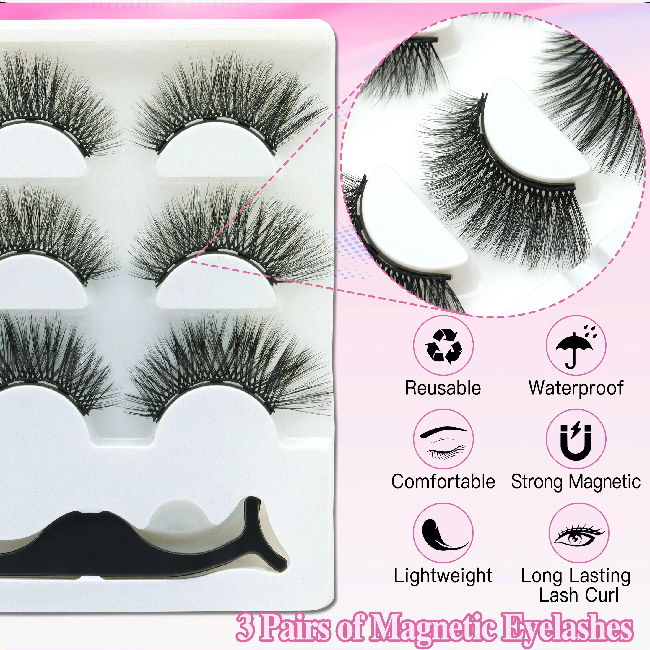 3 أزواج الرموش المغناطيسية كحل الملقط مجموعة ثلاثية الأبعاد رموش بالمنك الطبيعية الاصطناعي الرموش الصناعية رقيق حجم Wispy #2