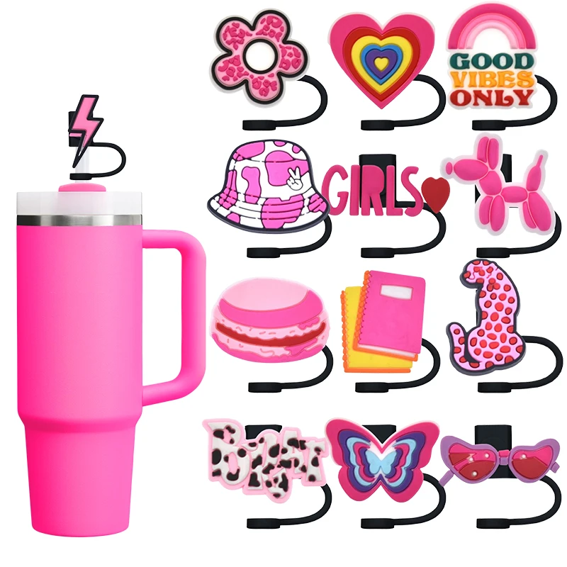 Cute Pink Girl Fashion Straw Cover Cap 10MM Eco-friendly Straw Plug Splash Proof Drinking Cup Charms Pendent Home Party Gift