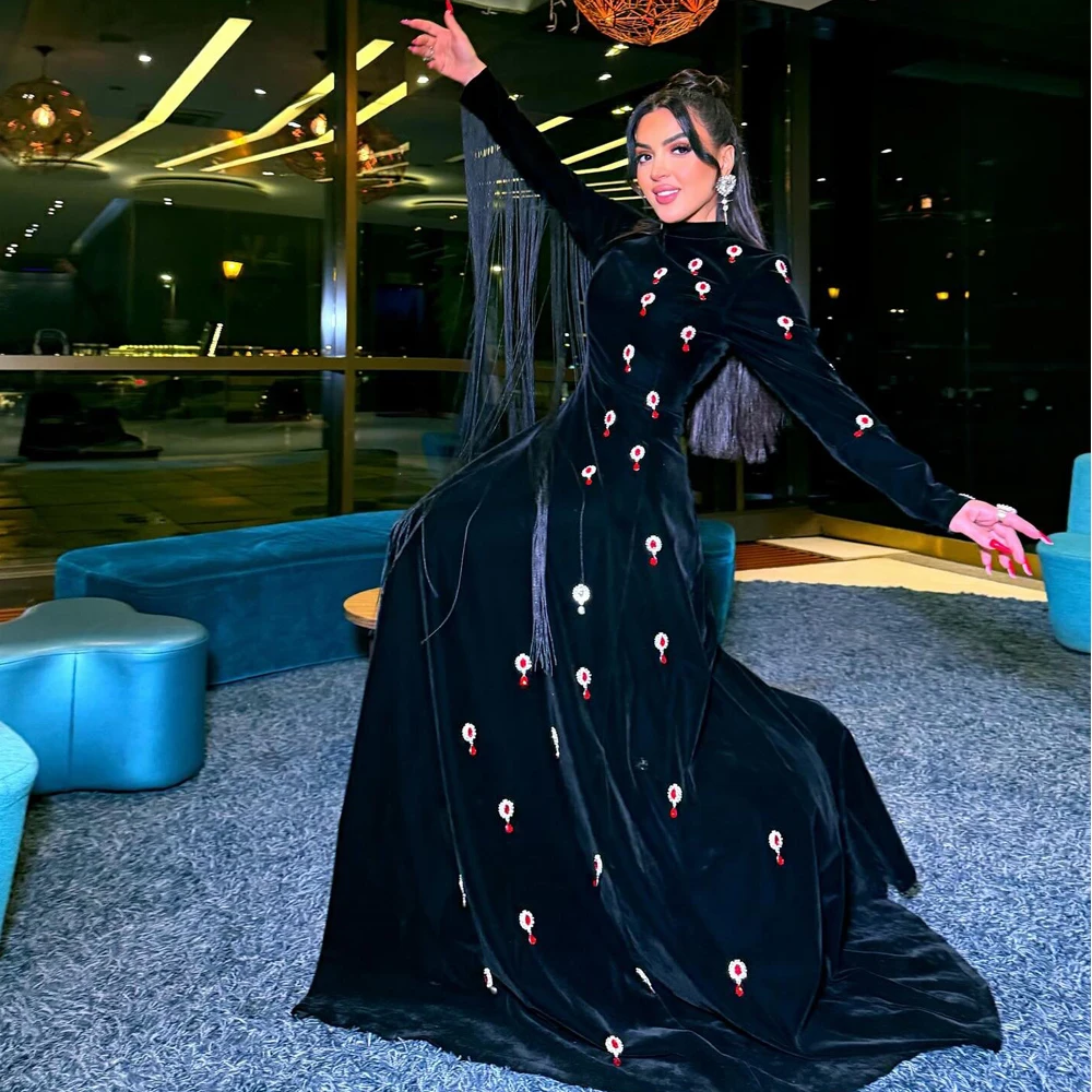 

Customized Red Crystal Emebllished Evening Dress Black Tassel A Line Winter Evening Gown High Collar Long Sleeve Velvet Attire