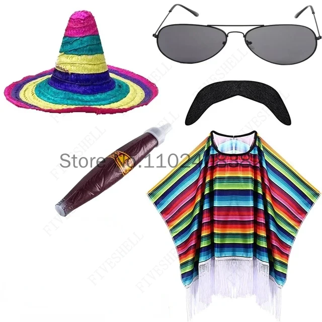 Mexican Shawl Halloween Cloak Cosplay Prom Party Festival Mexican Hat Sunglasses Smoke Pipe Adult Children\'s Stripe Cloak 6-PCS