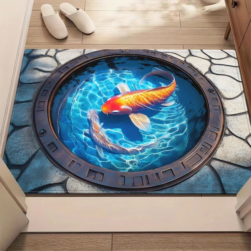 Mystical Underwater World 3D Koi Carp Alligator Pond Welcome Mat for Living Room Entryway Floor Decor Novelty Doormat Indoor