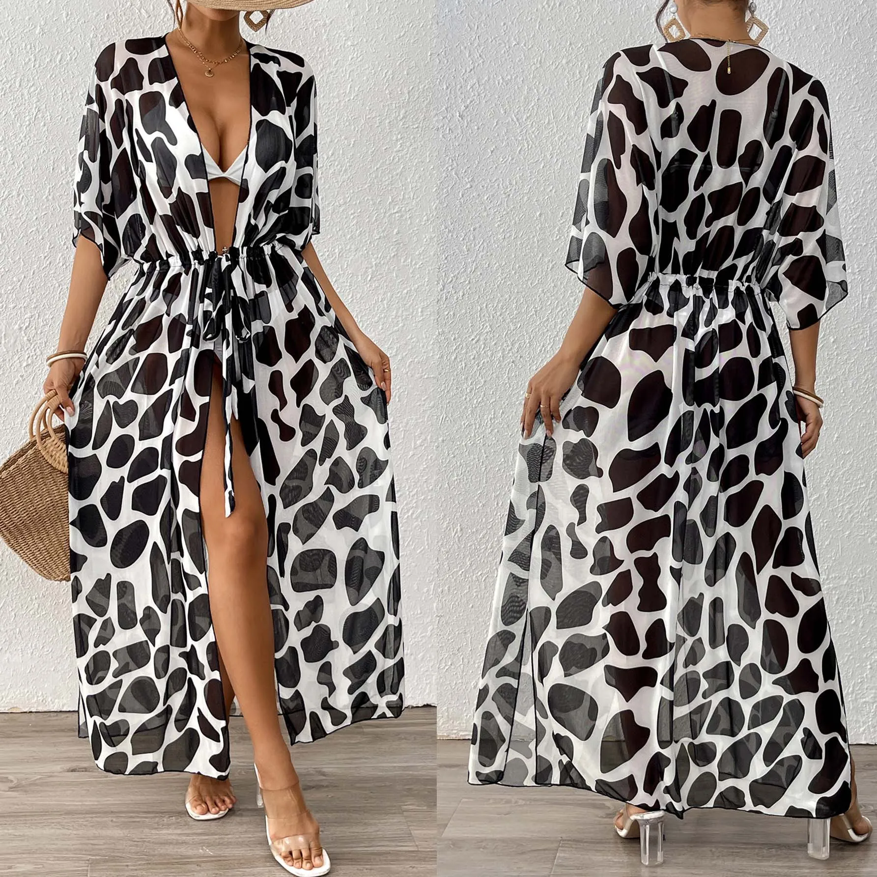 Beach Coverups For 2025 Summer Kaftan Dress Swimwear Women Cardigan Loose Bat Sleeve Tie Waist Cinched Leopard Print Mesh Bikini