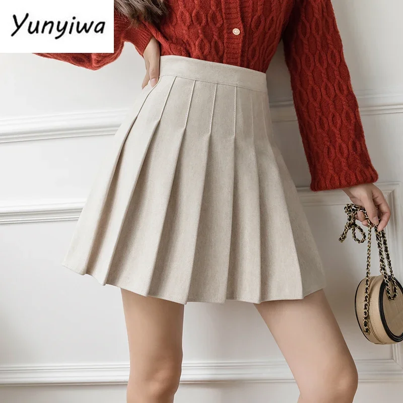 New Winter Woolen Skirt Women Solid High Waist Pleated Mini Skirts Vintage School A Line Falda Plisada Beige Grey Black Brown