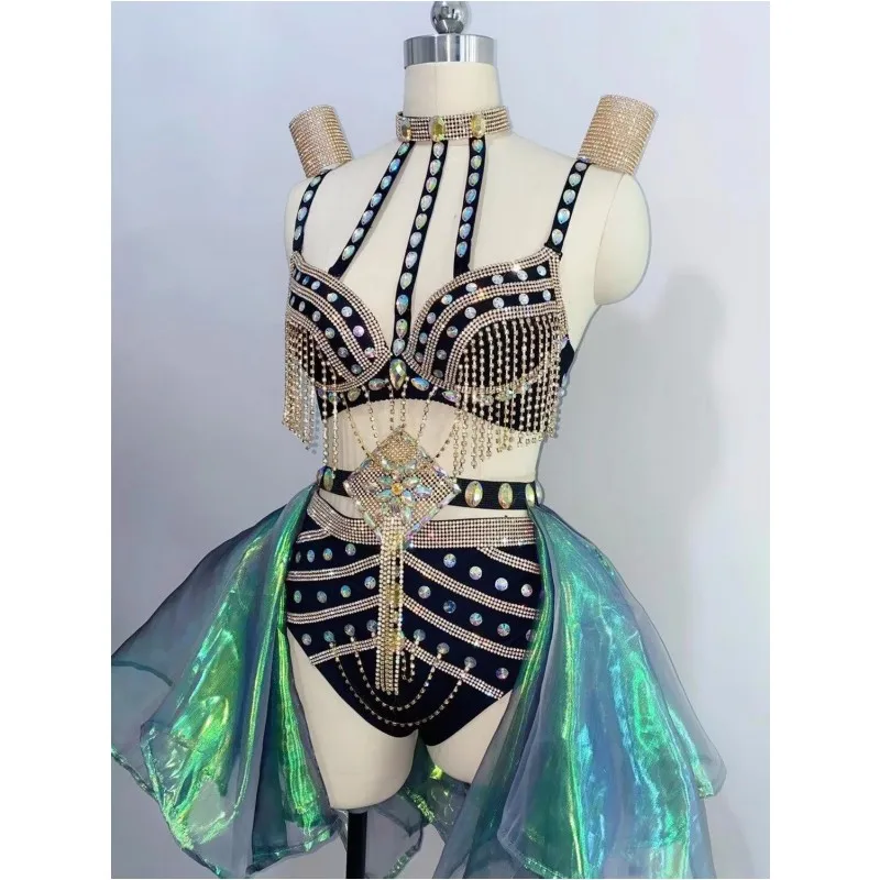

Sparkly Rhinestones Tassel Bikini Skirt Music Festival Clothing Women DJ Dancer Singer Nightclub Bar Stage Wear Sexy Costume