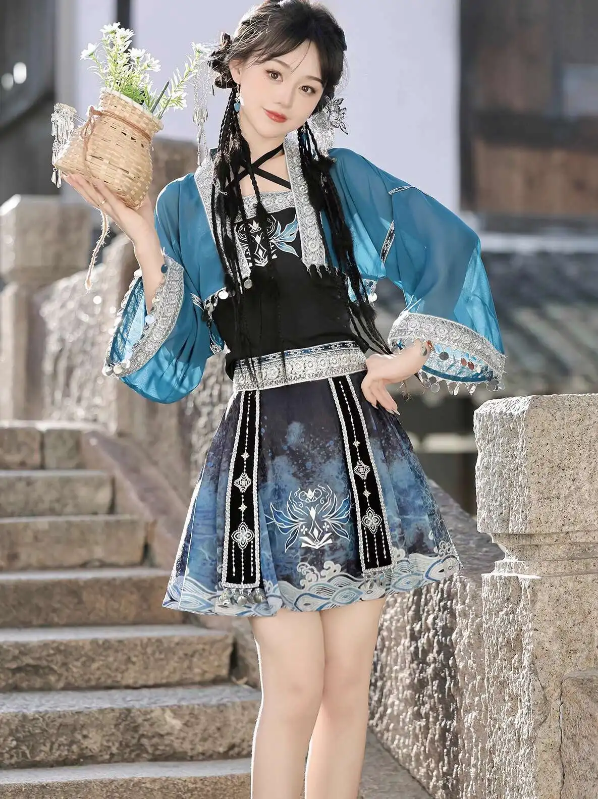 أزياء مياو النسائية ذات الطراز العرقي التنكري تنورة قصيرة Hanfu-Influence الانصهار الثقافي الصيني موضة للإناث #4