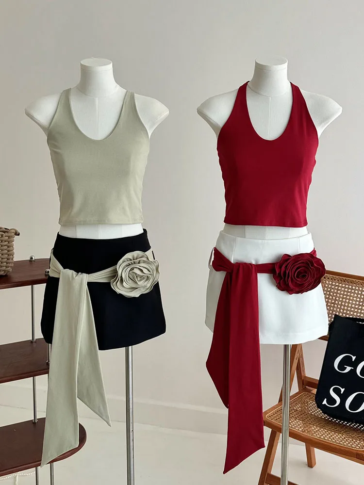 Sexy Sweet 2000s Aesthetic Outfits 2 Piece Skirt Set Chic Halter Top Sleeveless + Wrapped Hip A-Line Skirt Coquette High Street