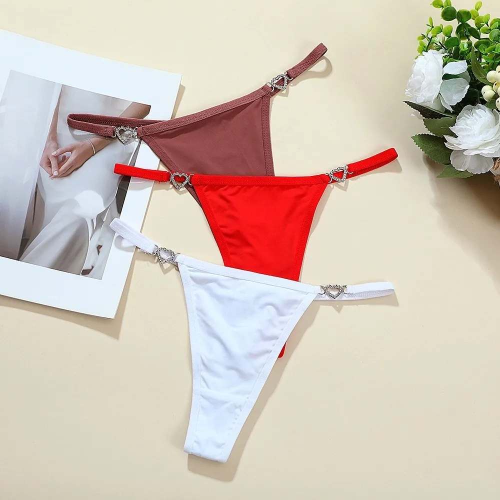 Baumwoll-Slips mit Herz-Strasssteinen, niedriger Bund, einfarbige Bikini-Slips, nahtlose Unterhosen, T-Back-Slips, Damenunterwäsche – Detail 5
