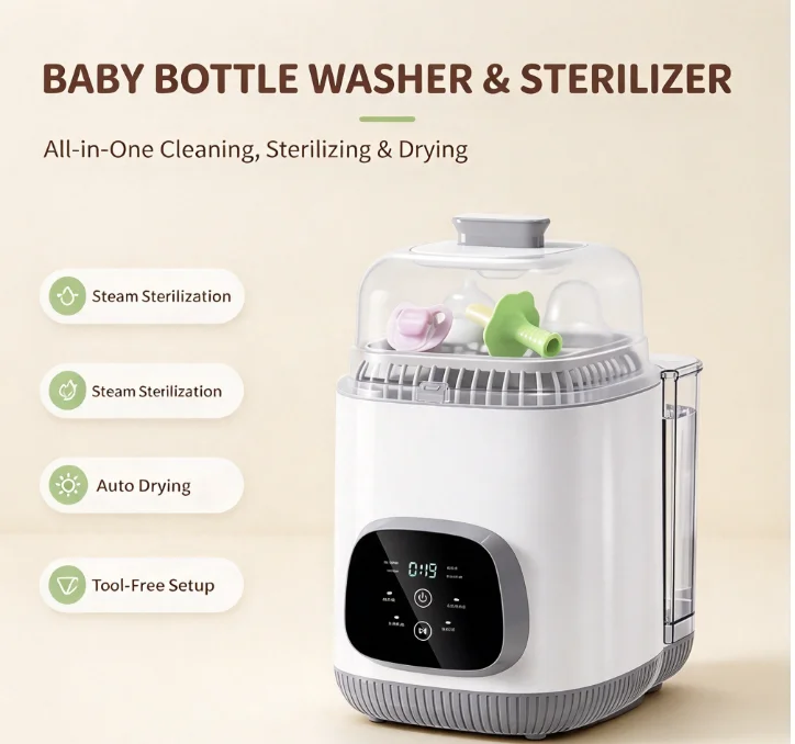 Automatic Bottle Washer Steam Sterilizer Dryer Machine Baby Feeding Cup Cleaner Countertop No Install Portable Sanitizing Box