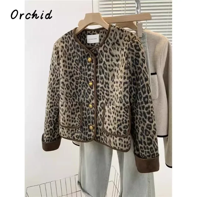 2024 Winter Female Vintage Single Breasted O-Neck Loose Jacket For Women Office Lady Fashion Luxury Leopard Print Short Coat