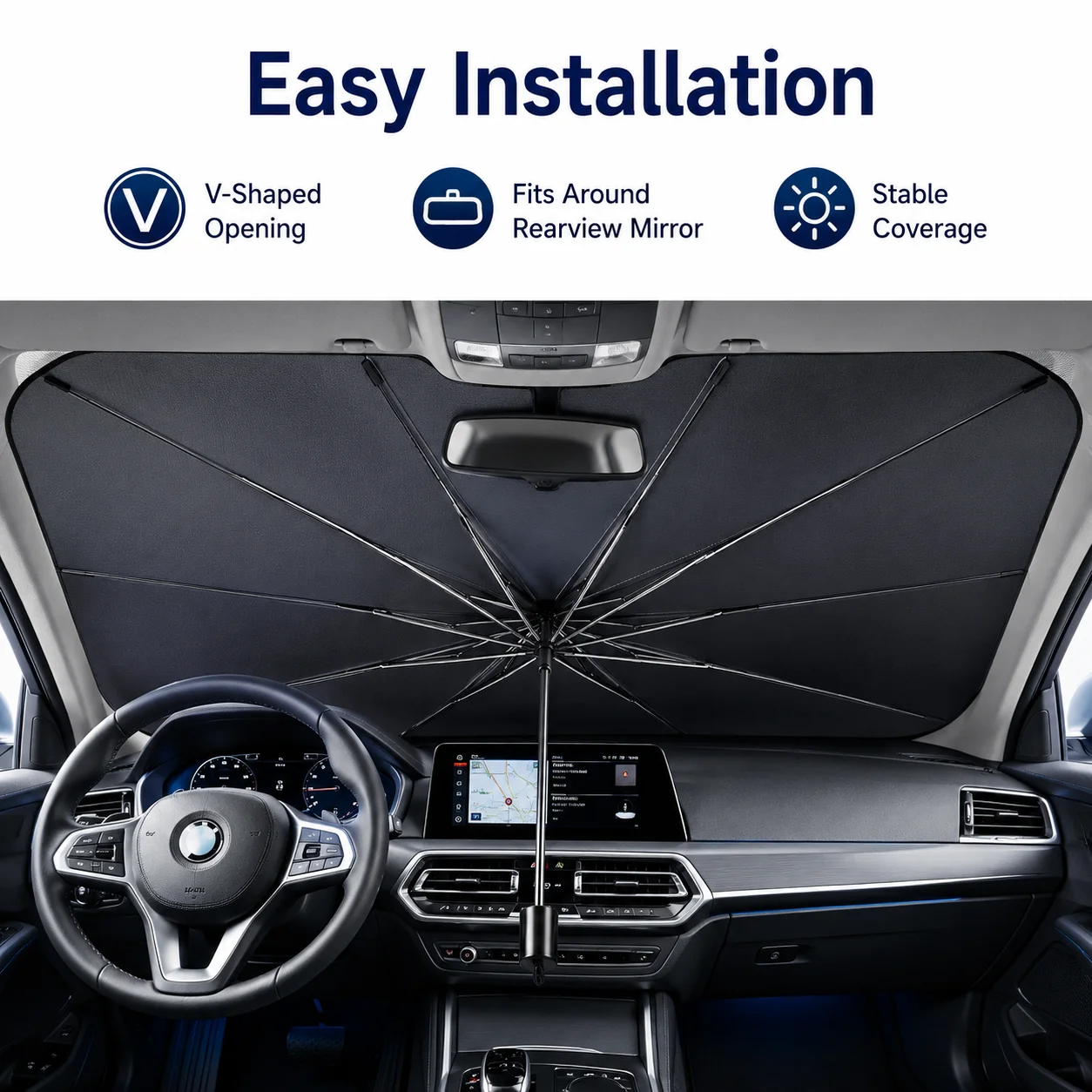 140×79cm Foldable Car Windshield Sunshade Umbrella with V-Shaped Mirror Opening, UV Heat Shield for Sedan SUV Truck