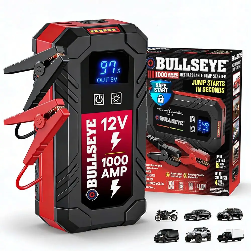 

1000A Portable Car Jump Starter with Jumper Cables, 12V for 6.0L Gas & 3.0L Engines, 2250mAh Rechargeable, Reverse Polarity Prot