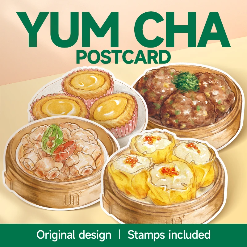 بطاقة بريدية فنية كبيرة الحجم على طراز هونج كونج مع طوابع أصلية، رسوم توضيحية للطعام بالألوان المائية