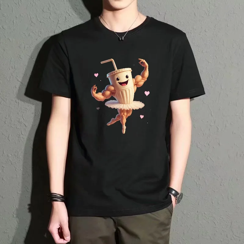Men's Black Round-Neck Short-Sleeve T-Shirt with Fun Muscle Milk Tea Cup Print, Casual Loose Fit, Trendy and Versatile for Everyday Wear, Comfortable and Breathable