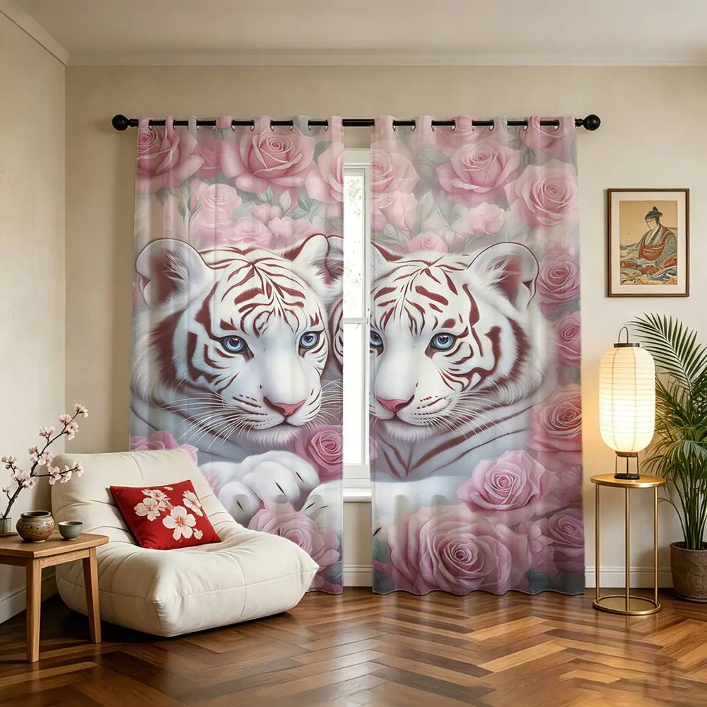 Twin Tigers Rose Curtains 2 Panels Light Blocking Rate 85% Printed Curtains Darkening Curtains Decoration Curtains Floral Decor
