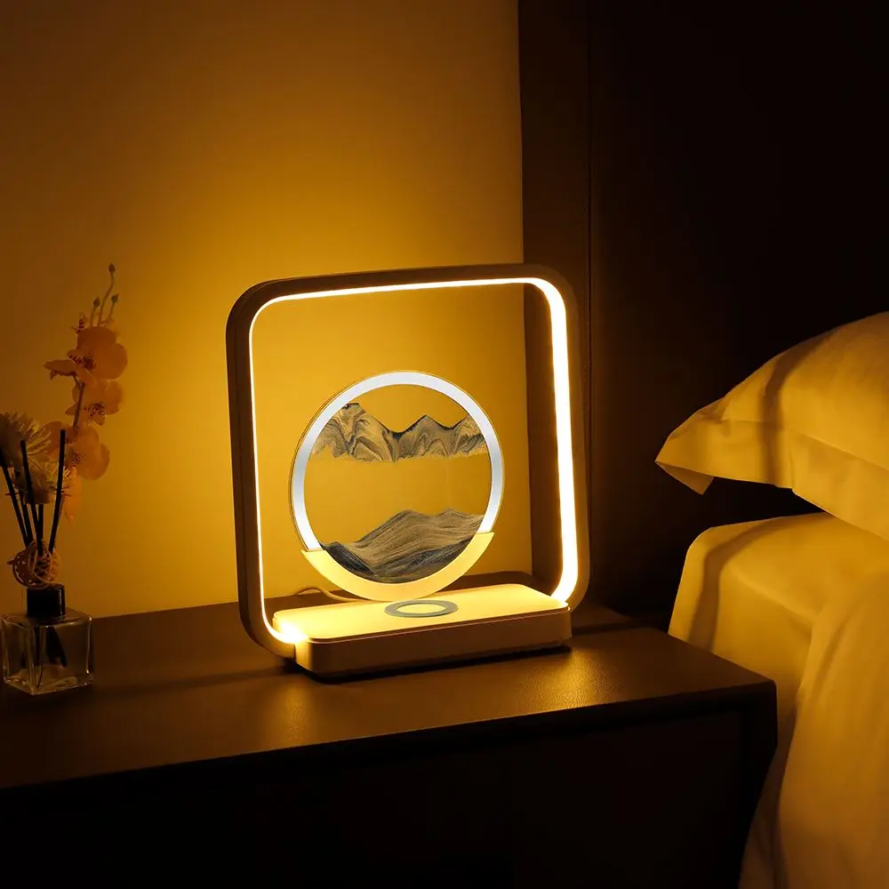 Newest Desktop Quicksand Night Light LED Wireless Charging Bedroom Atmosphere Table Lamp Touch Dimming Hourglass Bedside Lamp