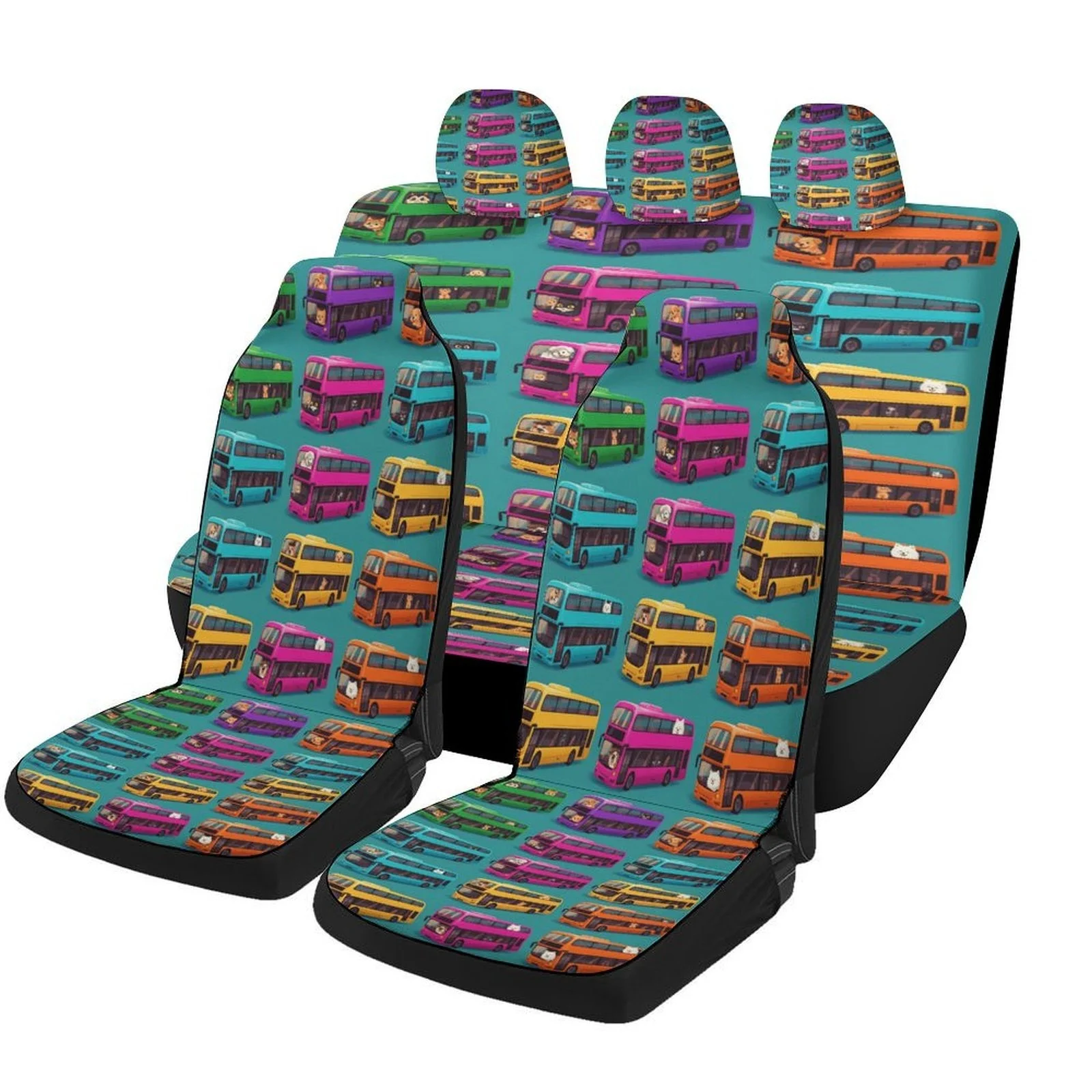 Colorful Bus Collection Themed Car Seat Cover Set For Most Cars, Trendy High-quality Car Seat Protector Covers Full Set, Univers