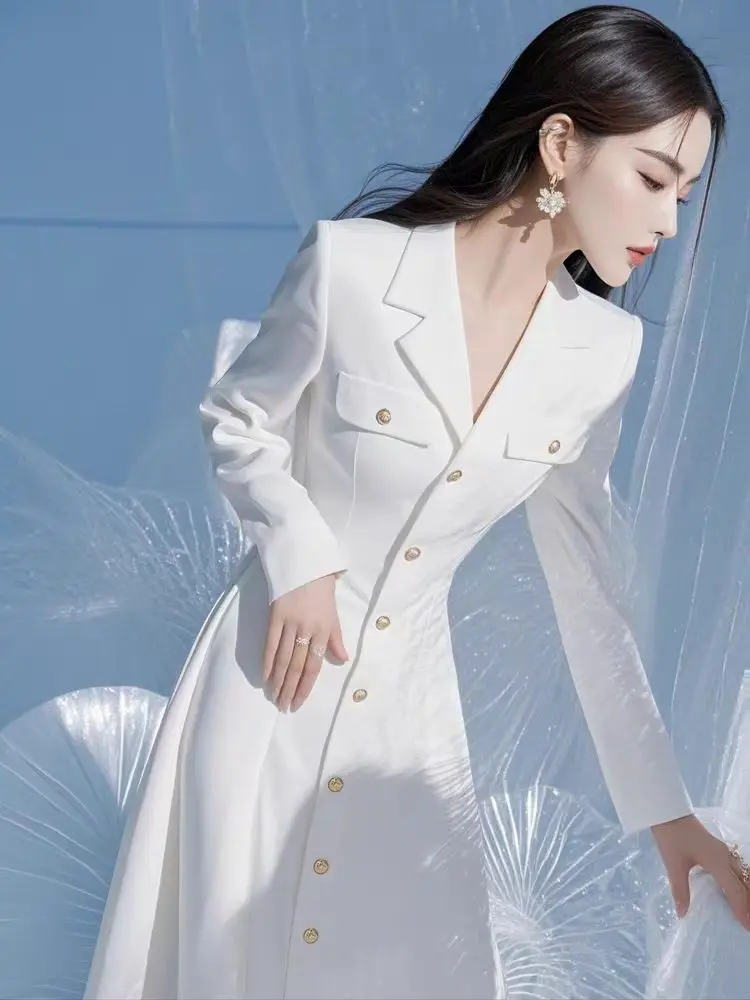 新しいハイエンドフレンチシャツドレス女性エレガントなオフィスレディラペル長袖シングルブレストファッションブレザーミディド​​レス Vestidos