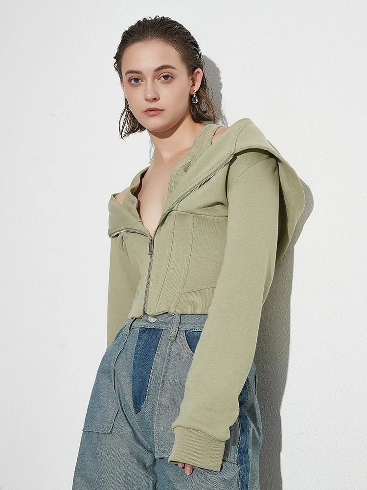 TWOTWINSTYLE felpa Casual con cerniera impiombata solida per le donne felpe con temperamento minimalista a maniche lunghe con cappuccio femminile