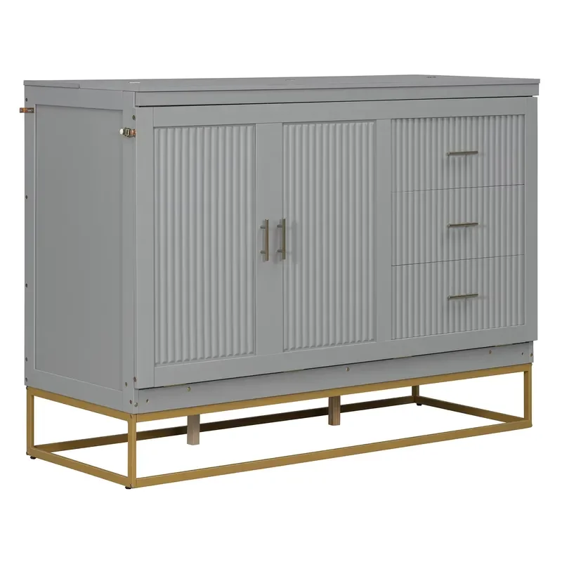 Modern Murphy Queen Bed Wood Panel Metal Legs Imitation Drawer Space Saving Storage Wall Bed view 5