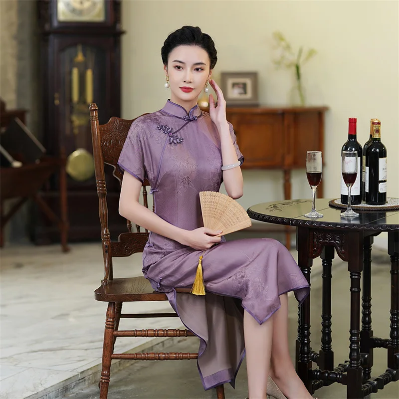 

Высокое качество из натурального шелка Cheongsam Qipao 2024, летнее новое женское повседневное улучшенное китайское платье в стиле ретро