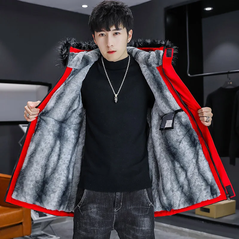 2024 Autumn Winter Men\'s Thicken Plush Windbreaker Parkas Streetwear Mid-Length Warm Fleece Jackets Detachable Fur Collar Coats