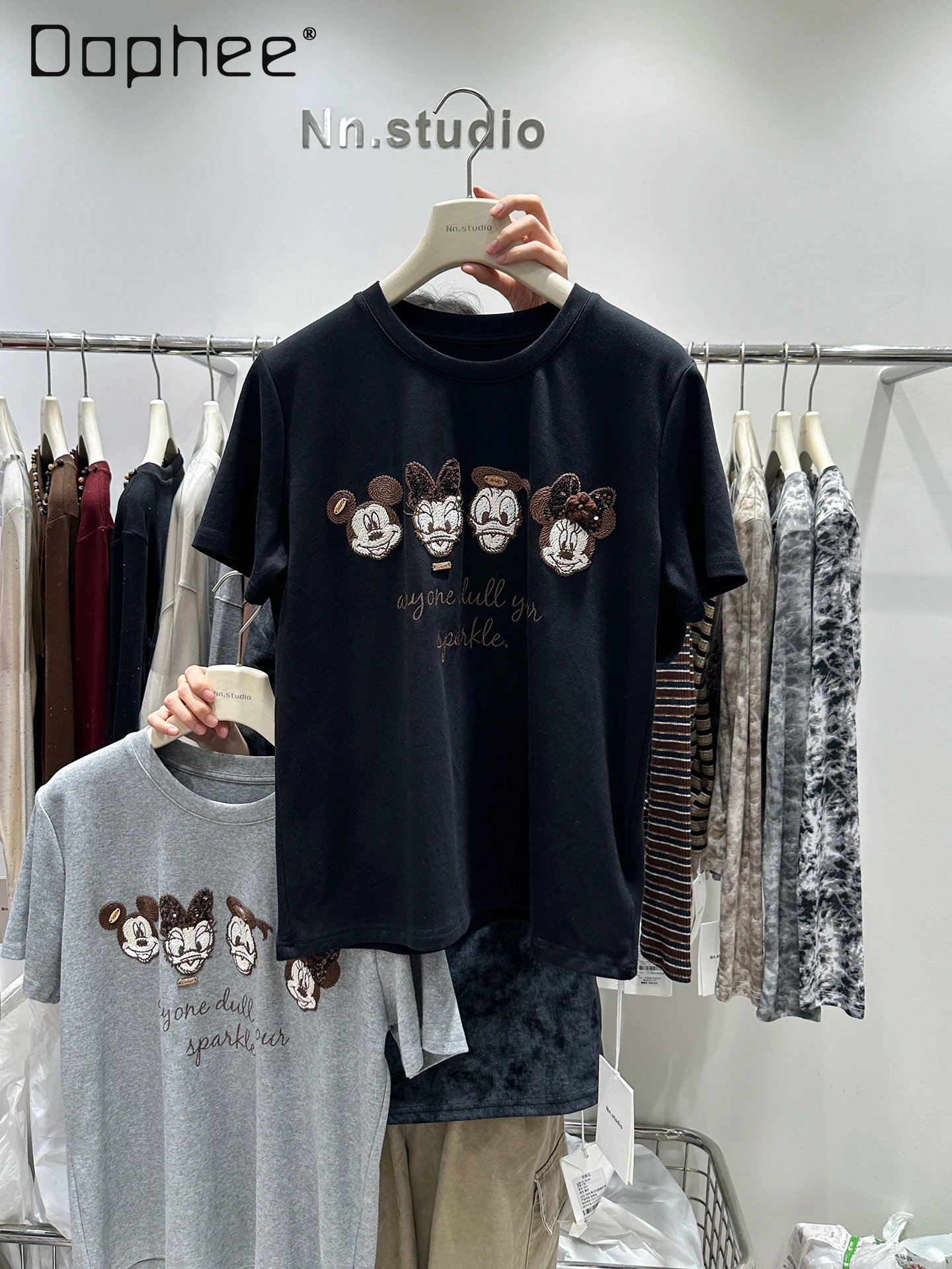 

European Goods Heavy Embroidery Duck Cartoon Short Sleeve T-Shirt for Women 2025 Autumn New Round Neck Base Shirt Solid Color