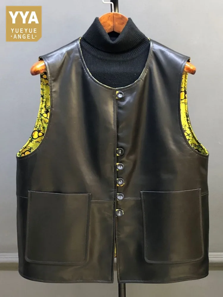 Leisure Round Neck Pockets Female Genuine Leather Vests Loose Single-Breasted Sleeveless Solid Color Sheepskin Outerwear